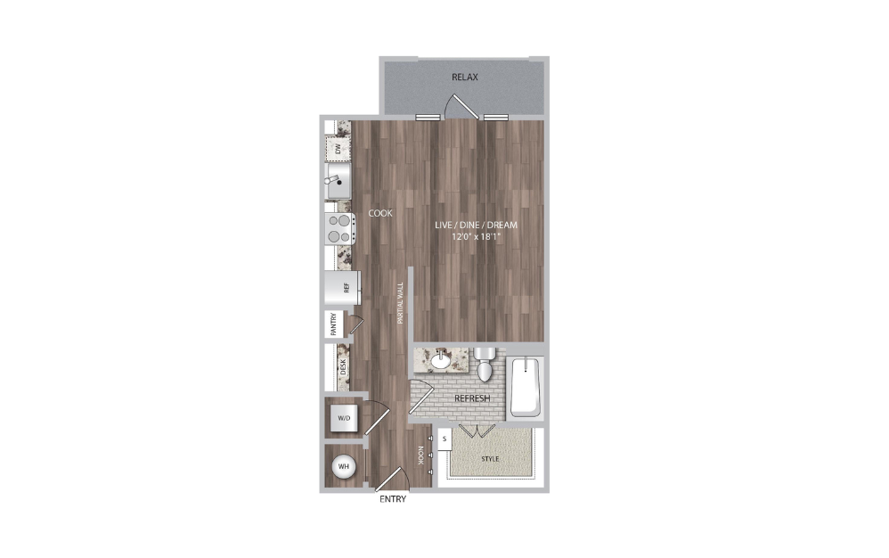 E1 - Studio floorplan layout with 1 bath and 556 square feet.