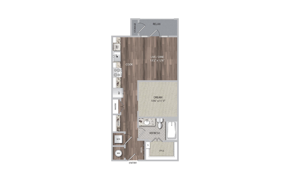 E2 - Studio floorplan layout with 1 bath and 663 square feet.