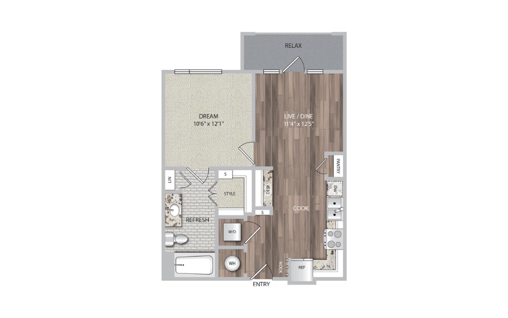 A1 - 1 bedroom floorplan layout with 1 bath and 626 square feet.
