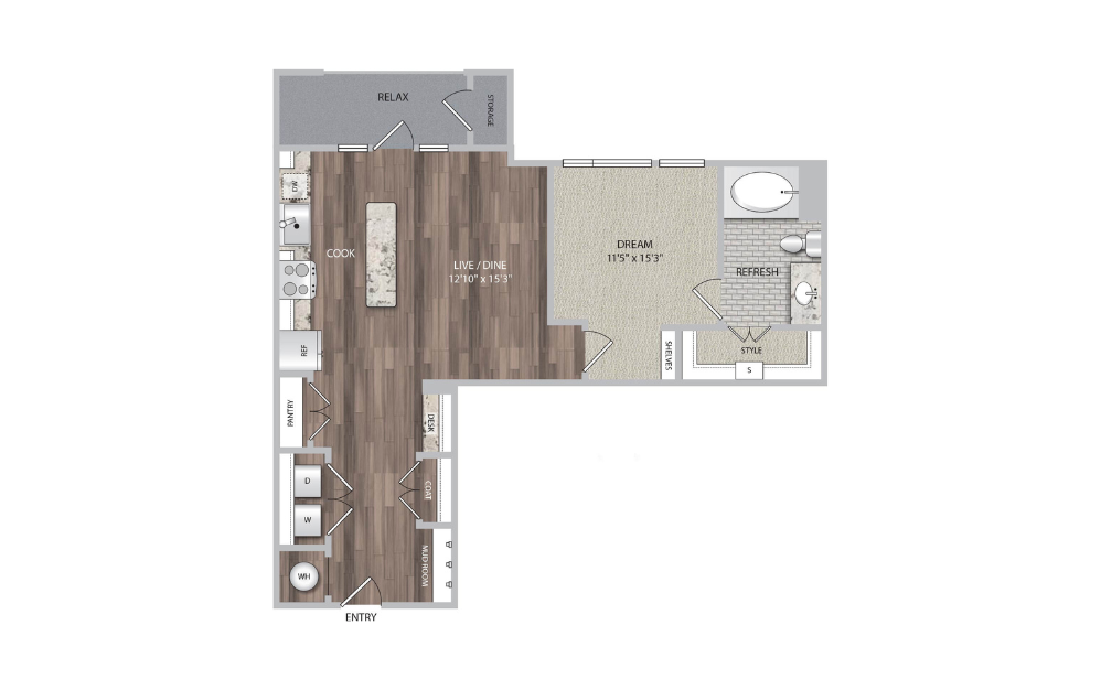 A3 - 1 bedroom floorplan layout with 1 bath and 773 square feet.