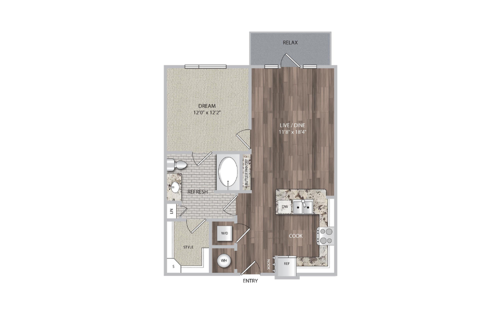 A2 - 1 bedroom floorplan layout with 1 bath and 729 square feet.