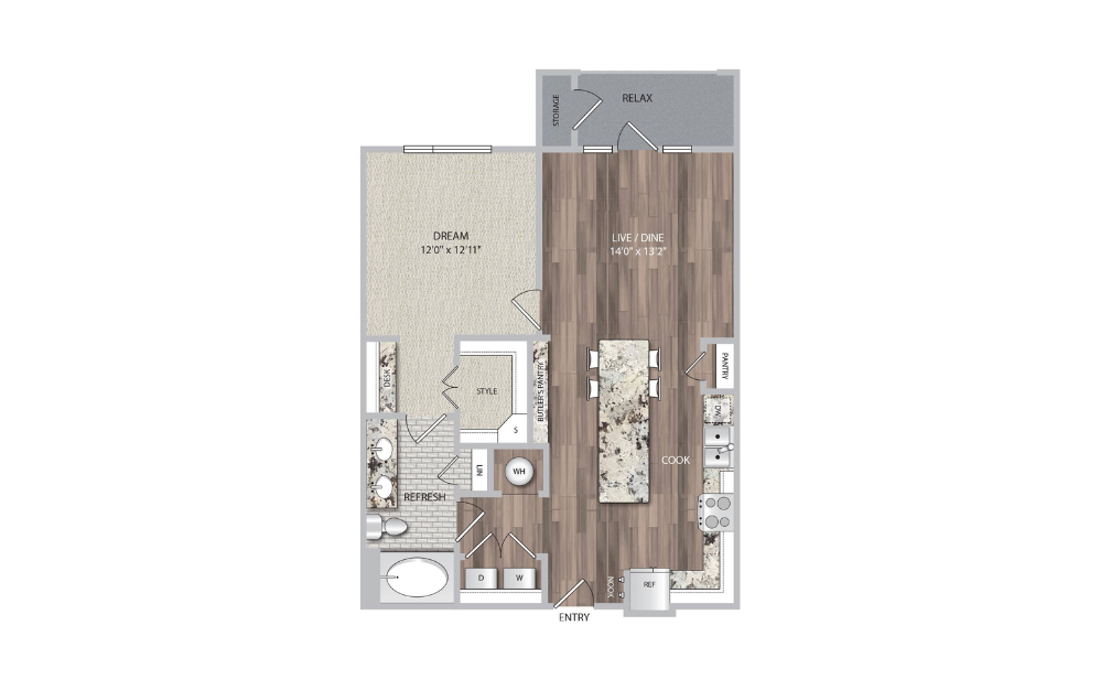 A6 - 1 bedroom floorplan layout with 1 bath and 857 square feet.