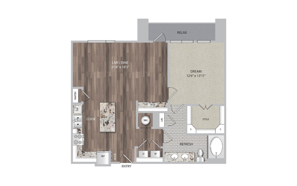 A7 - 1 bedroom floorplan layout with 1 bath and 939 square feet.