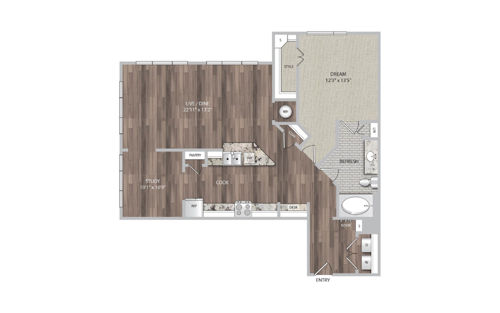 A8 - 1 bedroom floorplan layout with 1 bath and 1091 square feet.