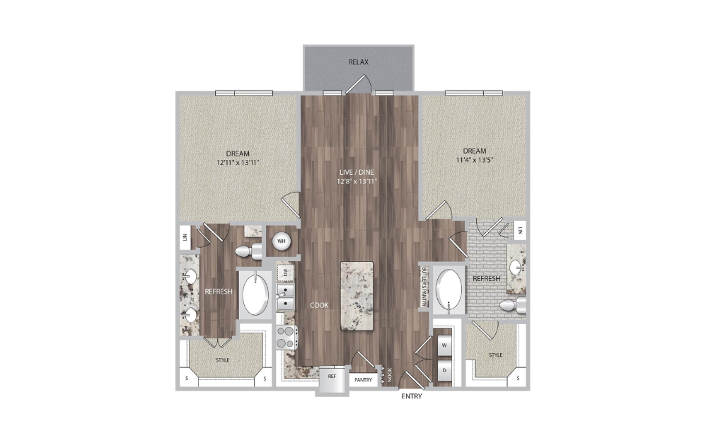 B1 - 2 bedroom floorplan layout with 2 baths and 1158 square feet.