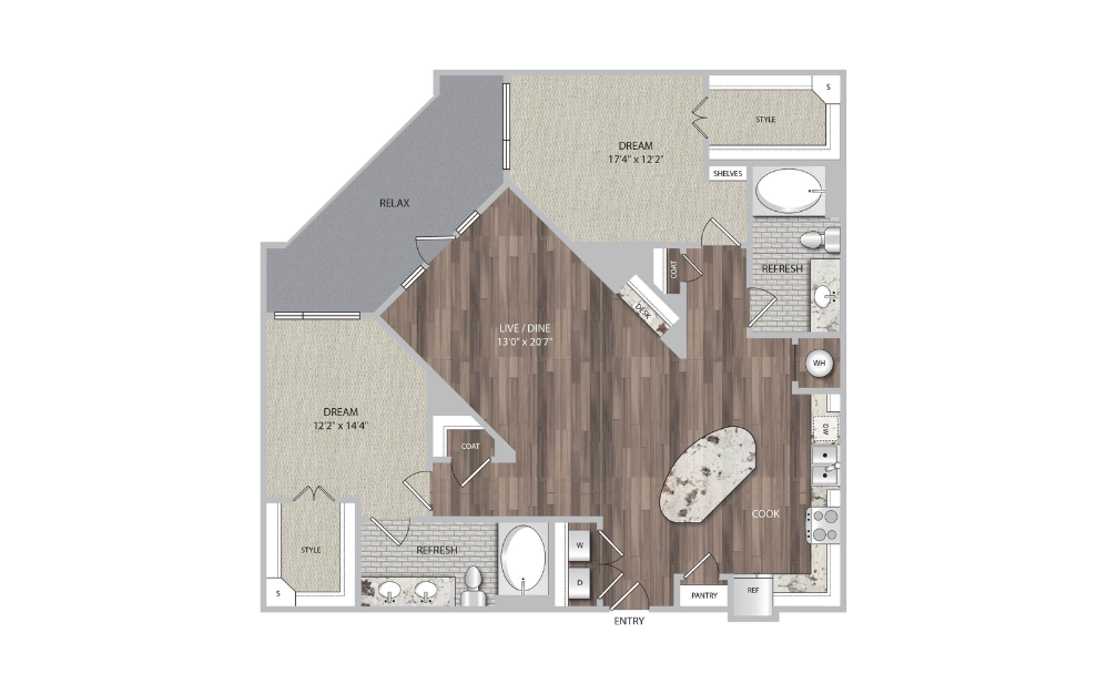 B3 - 2 bedroom floorplan layout with 2 baths and 1312 square feet.