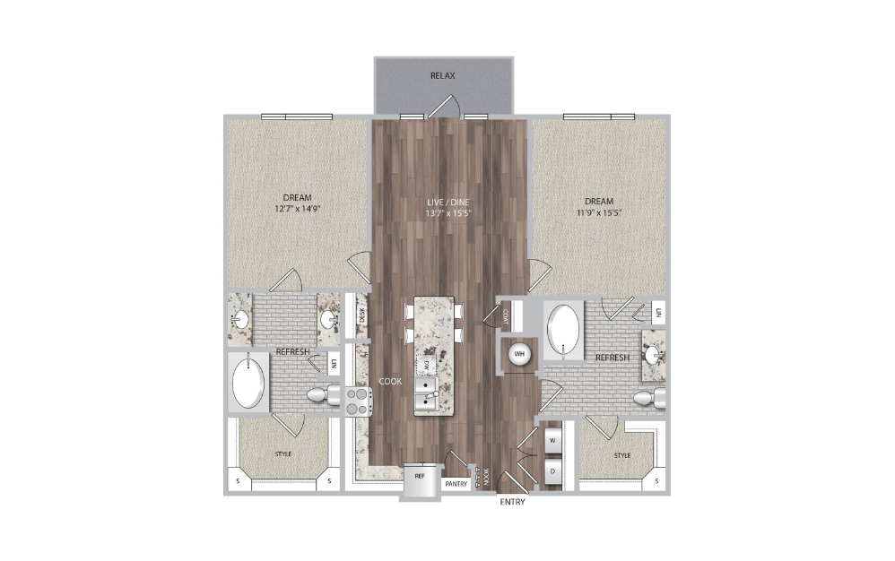 B2 - 2 bedroom floorplan layout with 2 baths and 1231 square feet.