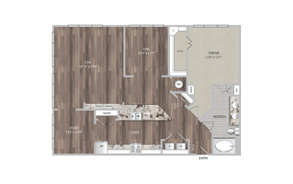 A9 - 1 bedroom floorplan layout with 1 bath and 1319 square feet.